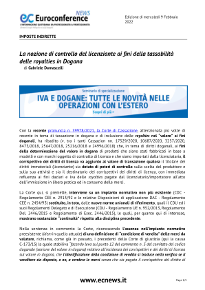 Gabriele Damascelli 就特许权使用费海关征税问题提出的许可方控制概念